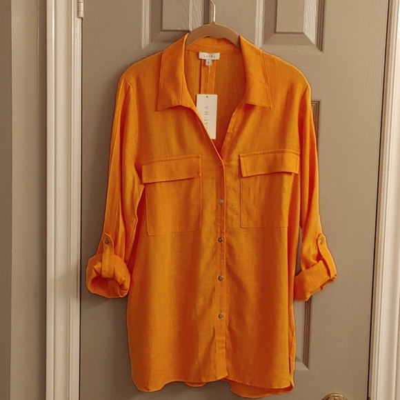 NWT Women's Laura Orange Button Down Shirt Viscose & Linen Blend Size 8 - Picture 4 of 11